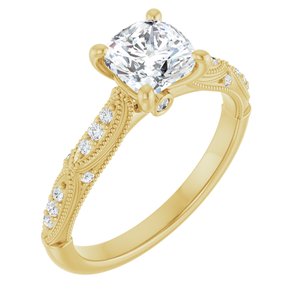 14K Yellow 6 mm Cushion Forever One™ Moissanite & 1/10 CTW Diamond Engagement Ring